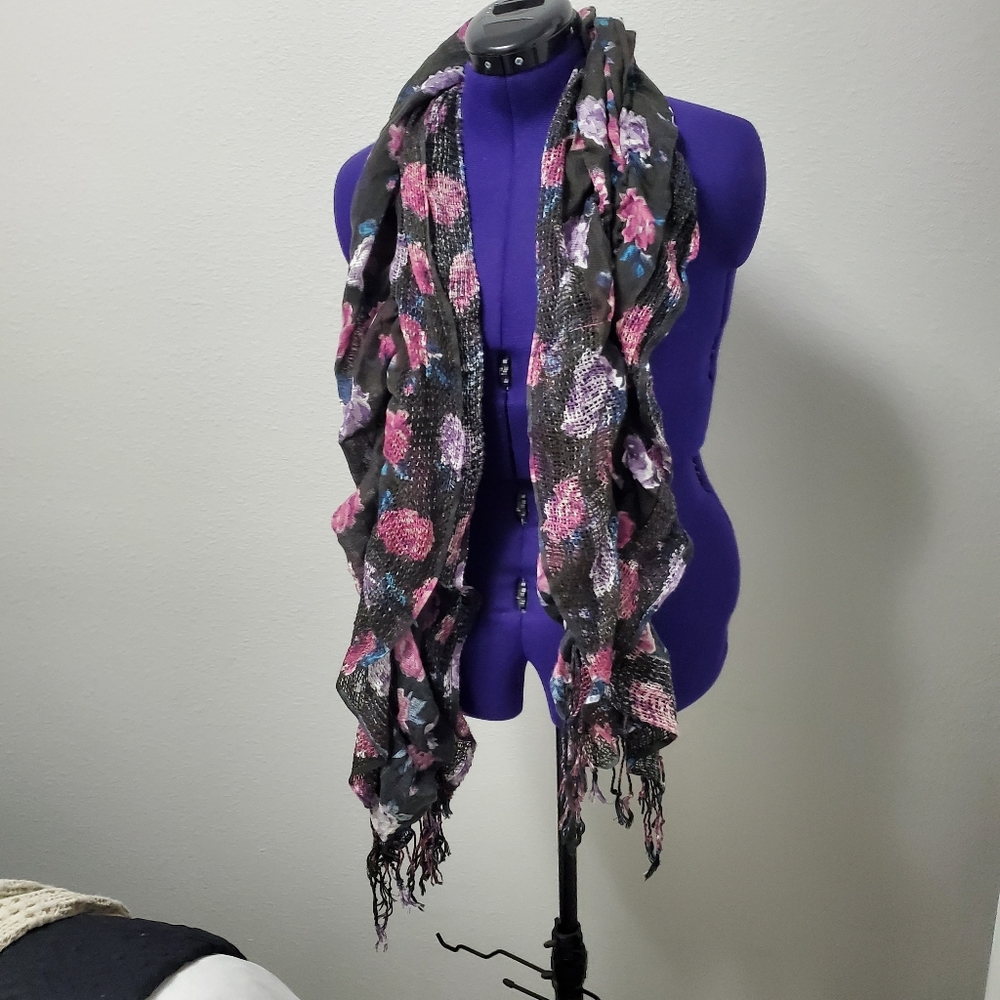 Floral Ruffle Scarf Black Pink Lightweight Boho Wrap Fringe